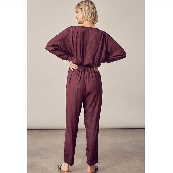 Wine Long Sleeve Tie Waist Satin Crepe Jumpsuit 2 - Picture 4 of 5